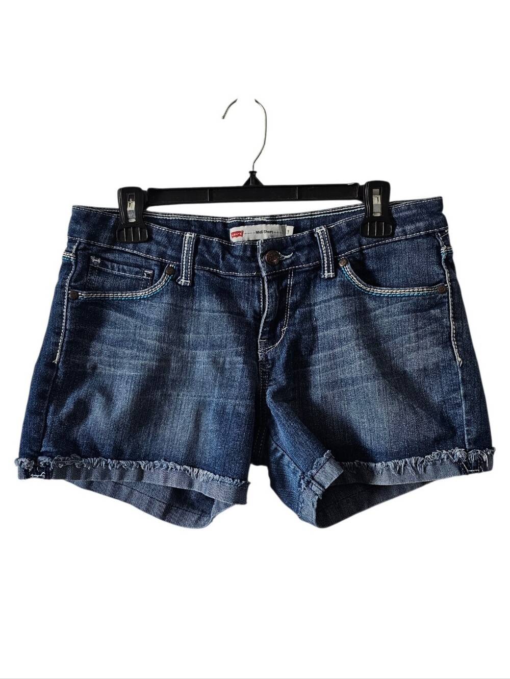 Levis Y2K Midi Jean Shorts Size 13 Medium Dark Wash Raw Hem Cuffed Low Rise